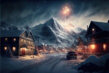  A Painting Of A Town With A Fireworks Display In The Sky Above It And A Mountain In The Background.