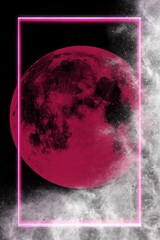 Wall Mural - stylish abstract illustration with moon framed with viva magenta color.creative planets and swirls.b