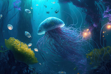 Wall Mural - Realistic jellyfish and vegetation inhabit the underwater realm. Generative AI