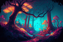 Fantasy Illustration Of A Brilliant, Colorful, Neon Lit Woodland That Resembles A Fairytale. Generative AI