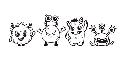 Wall Mural - set of cute cartoon monsters in doodle style.funny characters on white background.icon monster.alien