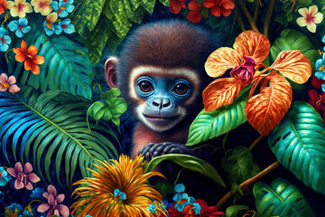 Wall Mural - Сute baby monkey peeking out in hawaii jungle with plumeria flowers. Amazing tropical floral pattern for print, web, greeting cards, wallpapers, wrappers. Digital art	
