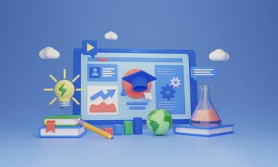 Wall Mural - online education course or distance learning class, 3d illustration concept. e-learning cyberspace c