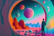 © Everlasting Dreams - Marvelous futuristic interior studio room with large window view outside of space and alien planets. Colorful retro stylized.