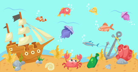 Wall Mural - Sea animals and sunken ship underwater vector illustration. Cartoon drawing of cute comic fish, crab, pirate ship on bottom of ocean. Marine life, underwater landscape concept