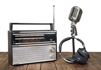 Wall Mural - Old style retro radio with headphones and microphone