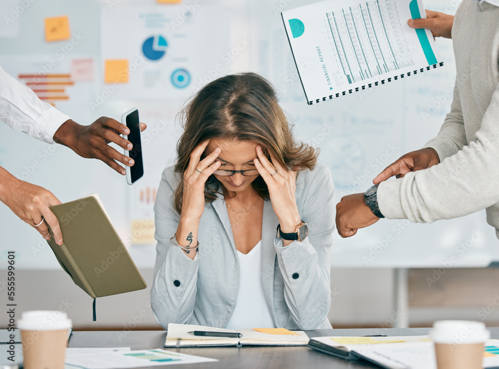 Overwork Depression Stress, headache and business woman with burnout, overworked and ...