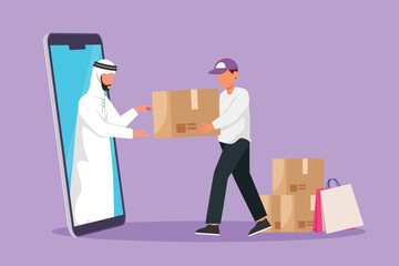 Wall Mural - Cartoon flat style drawing Arab man customer receives boxed package, through smartphone screen from male courier. Online delivery service. Online store technology. Graphic design vector illustration