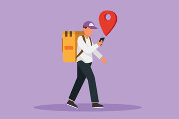 Wall Mural - Graphic flat design drawing of young male courier walking while looking smartphone and there is gps pin coming out of smartphone. Online delivery service technology. Cartoon style vector illustration