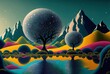 Wonderous odd Alien polka dot planet with marvelous unexplored round trees and yellow hills landscape. 