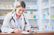 Pharmacy, medicine and doctor writing prescription with documents, insurance application and paperwork. Healthcare, medical care and female pharmacist with forms on clipboard for medication in clinic