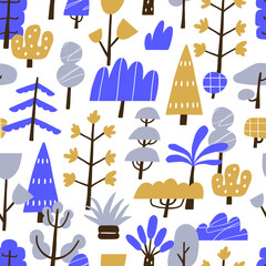 Fototapete - Doodle naive trees, seamless pattern. Endless woods background with forest plants in abstract primitive style. Childrens repeating print, texture design. Childish flat graphic vector illustration