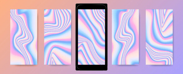 Wall Mural - Color Holography Screensaver. Abstract Vibrant Templates for Mobile. Neon Liquid Textures. Hologram Backgrounds. Vector Wave Wallpaper. Mesh Gradient Fluids. Bright Holographic Set.