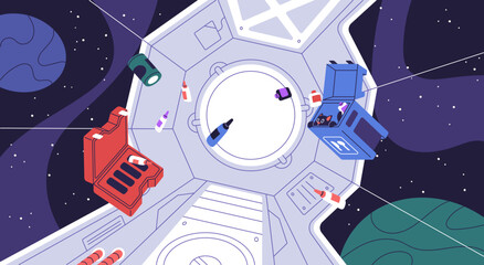 Wall Mural - zero gravity inside space ship, cosmos shuttle. weightlessness in universe station, spaceship. studd