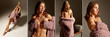 © Lustre Art Group  - Collage with footages of adorable sensual naked woman wrapped in warm blanket posing over dark grey background. Concept of natural beauty, slender figure, health, emotions.