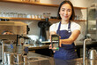 Smiling asian barista, coffee shop staff gives you credit card machine, processing payment with POS terminal, working in cafe