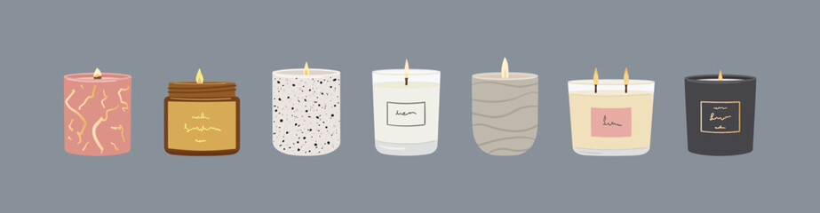 Set of scented burning candles. Soy, coconut wax candles in jar and cups.  Home decorative natural candles. Aroma candles collection. Zero waste eco gifts. Hand draw vector isolated illustration