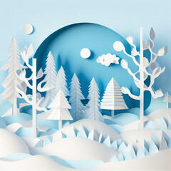 Wall Mural - Snowy Blue White Winter Christmas Paper Cut Landscape Card Trees Generative AI Tools Technology illustration