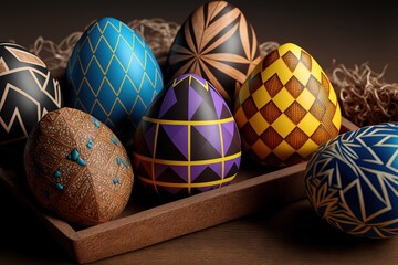 Easter eggs on wooden background. Generative AI