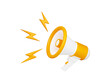 Loudspeaker 3d render - yellow and white megaphone for announcement or advertising message. Cartoon loud speaker or bullhorn for caution information and promotion.