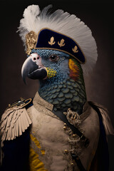 Wall Mural - An exotic parrot wearing a traditional military uniform. Pet portrait in clothing. Generative ai
