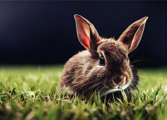 Wall Mural - Beautiful young brown rabbit on a grass background.	
