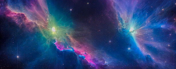 Wall Mural - panorama background with space nebula, generative ai art illustration