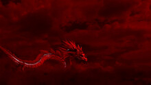 Chinese New Year Concept With Flying Dragon Against A Cloudy Sky. Red Design With Copy-space.