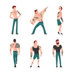 Sticker - Tattooed or Inked Man in Standing Pose Vector Set