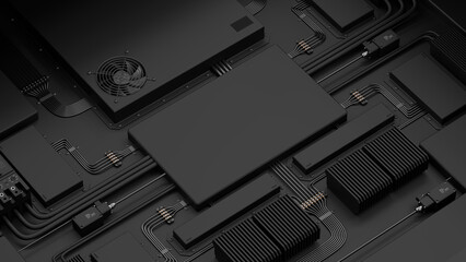 matte black background with electrical components. dark technological wallpaper with a layout of blo