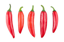 Set Of Fresh Whole Red Chili Pepper Isolated On White Background. With Clipping Path. Full Depth Of Field. Focus Stacking
