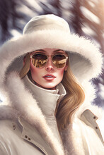 Winter Woman Outfit Fashion Illustration, Elegant Snow Outfit, White Ski Women's Clothing, Fictional Character, Generative AI