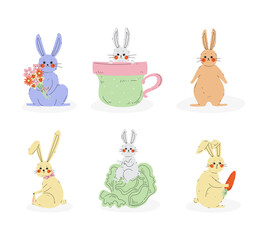 Sticker - Cute Rabbit or Bunny with Long Ears with Flowers, Sitting in Mug, with Cabbage and Carrot Vector Set