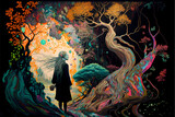 Fototapeta Paryż - Colorful painting with figure and tree