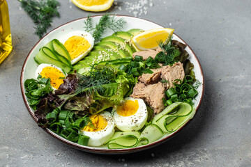 Poster - Ketogenic low carbs diet, Plate with keto foods: two eggs, avocado, tuna, cucumber and fresh salad. Healthy fats, clean eating for weight loss. top view
