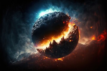 Wall Mural - planet explosion. earth destruction. meteor disaster. planet earth exploding and shattering in half.