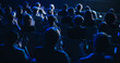 © Gorodenkoff - Crowd of Smart Tech People Applauding in Dark Conference Hall During a Motivational Keynote Presentation. Business Technology Summit Auditorium Room Full of Delegates. Footage from Behind.