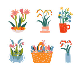 Wall Mural - Vase with Flower Bunch or Bouquet as Home Botany Decor Vector Set