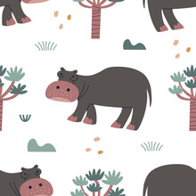 Seamless Pattern With A Hippo. Children's Fashion Print For Textiles And Wallpaper.