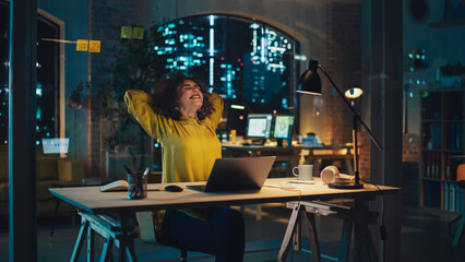 Aufkleber - Creative Multiethnic Female Stretching at Her Desk, Inspired to Work on Laptop Computer in Office. Happy Driven Project Manager Writing Creative Briefs, Developing a Marketing Strategy for Client.