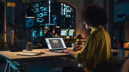 Aufkleber - Creative Multiethnic Female Working on Laptop Computer with an Interior Design Software Display. Successful Designer Developing a Marketing Strategy for a Partner, Creating 3D Models.