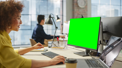 Poster - Portrait of a Young Creative Biracial Woman Working on a Computer with Green Screen Display in Modern Office. Female Creative Software Developer Using Chroma Key Display on Monitor.