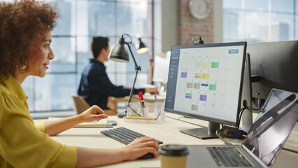 Poster - Portrait of Young Biracial Woman Working on a Computer. Female Team Lead Checking her Calender to Schedule Meetings for Team Members Development.