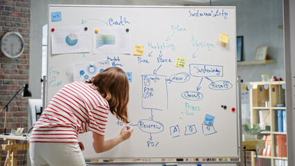 Poster - Young Female Entrepreneur Mind Mapping and Writing on a Whiteboard in Office. Director Using Charts, Statistics, and Post-its to Brainstorm for the New Marketing Strategy. Back View.