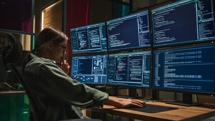 Poster - Female Cyber Security Specialist Writing Code On Deskop Computer with Six Displays in Dark Office. Caucasian Woman Controlls Protection System, Monitoring Data, Debugging Software Errors.
