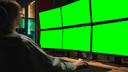 Poster - Female Cyber Security Student Coding on Desktop PC With Six Monitors Setup With Green Screen Chromakey. Caucasian Woman Finishes Internship for Big IT Company. Monitoring System, SAAS Server Data.