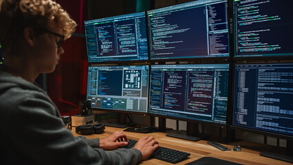 Sticker - Young Caucasian Man Writing Code on Professional Six Monitors Setup in Dark Office. Male Cyber Security Expert Controlling Digital Data Protection System in International Intelligence Agency.