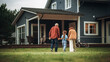 © Gorodenkoff - Grandfather and Grandmother Walking Together with Their Granddaughter in Front of their Suburbs House. Grandparents Spending the Weekend with Kids, Enjoying Family Time with Grandchild.