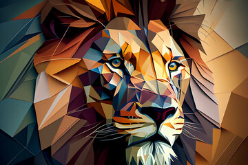 Geometric lion head with the face in a polygon abstract pattern, computer Generative AI stock illustration image