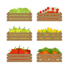 Poster - Wooden Crate with Farm Vegetables as Seasonal Harvest Vector Set